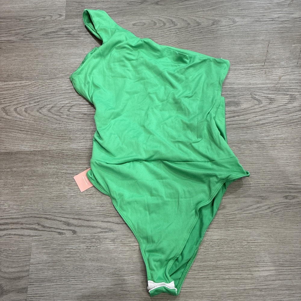 Miss Lola Ava Bodysuit Womens Large Green Asymmetrical One Shoulder Brushed Knit